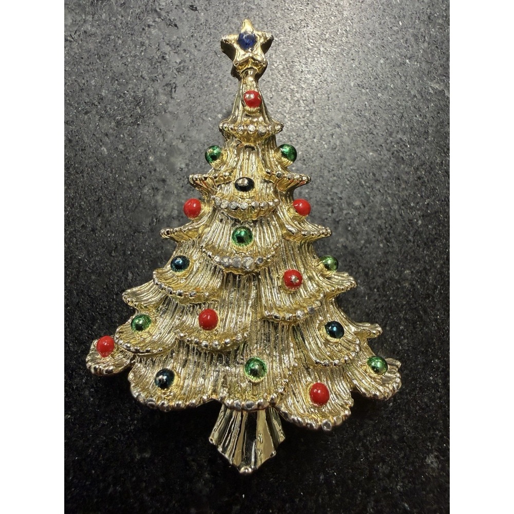 Vintage GERRY'S Goldtone Red Blue Green Christmas Tree Brooch Pin